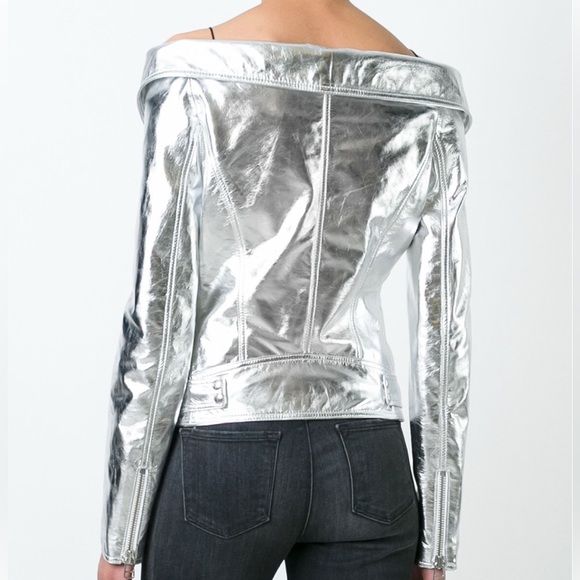 FAITH CONNEXION Off The Shoulder Silver Leather Jacket, sz FR38/US6 - Picture 3 of 9